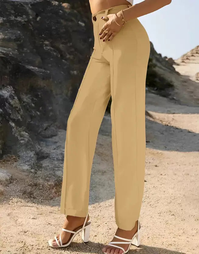 Women Regular Fit Cream Viscose Rayon Trousers Dev Store Default Title 7572880809