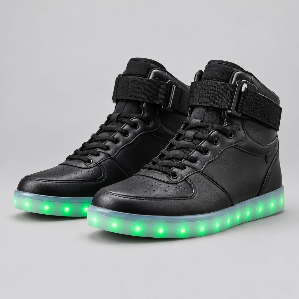 Person wearing black high-top sneakers with glowing green and blue lights on a blurred urban background.