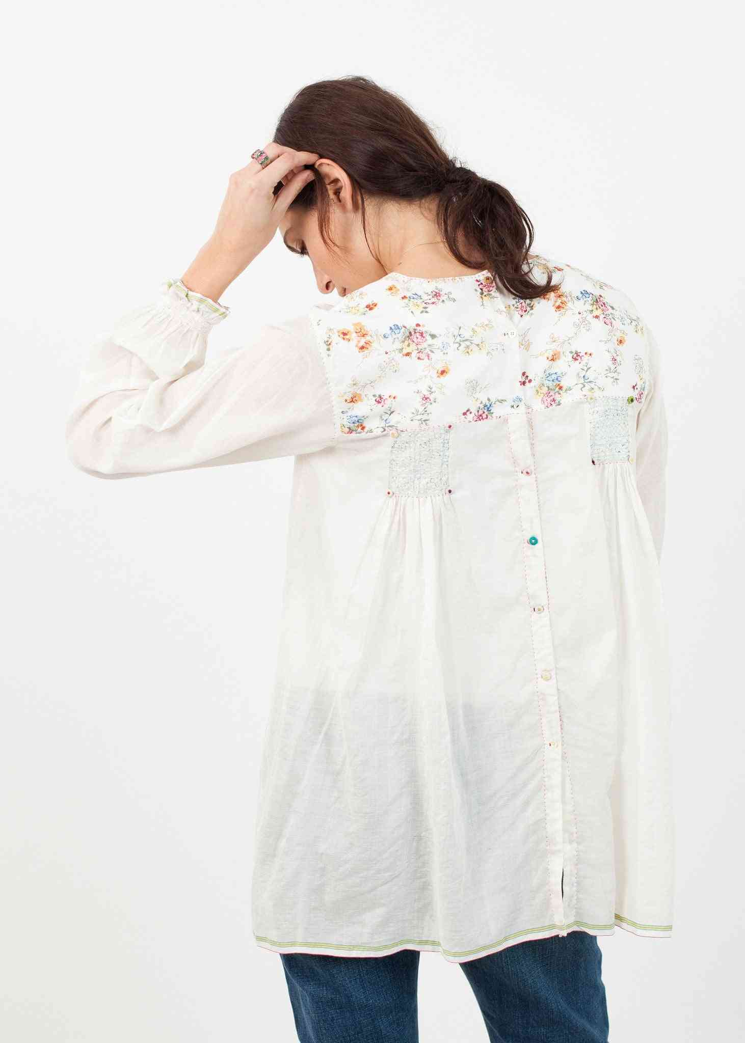 Floral Front Peasant Blouse in White Pero women's tops White 36 7572880809